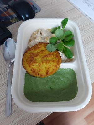 Spinach with vegan omellete and potato gratin at Balans Bistro in Bratislava