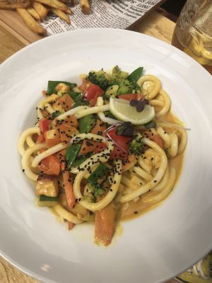 Curry with udon noodles at Balans Bistro in Bratislava