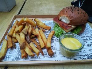 Green burger with grilled tofu, Belgian fries and honey mustard sauce at Balans Bistro in Bratislava