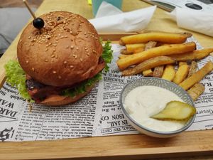 Balans burger with fries and vegan mayo at Balans Bistro in Bratislava