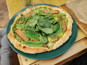 Spinach pizza at Balans Bistro in Bratislava