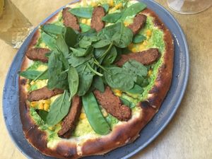 Delicious spinach pizza at Balans Bistro in Bratislava