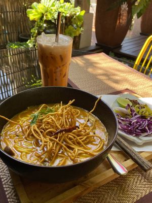 Khao soi with Thai tea   at Reform Kafe in Chiang Mai
