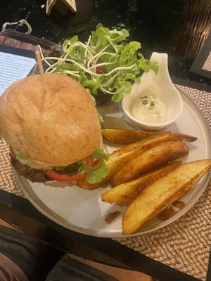 Mushroom burger with curry chips  at Reform Kafe in Chiang Mai