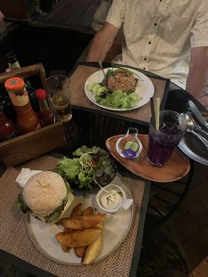 Mushroom cheeseburger, mushroom fried rice  at Reform Kafe in Chiang Mai