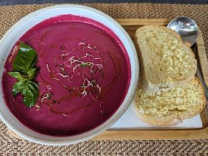 Beet Gazpacho with garlic bread at Reform Kafe in Chiang Mai