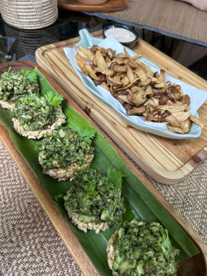 rice cakes with pesto and mushroom, and fried mushrooms  at Reform Kafe in Chiang Mai