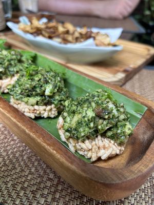 rice cakes with pesto and mushroom   at Reform Kafe in Chiang Mai