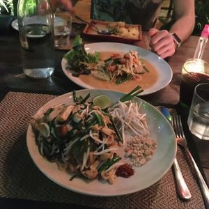 vegan pad thai, papaya salad and potato curry! best vegan place in Chiang Mai!!! at Reform Kafe in Chiang Mai