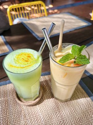 Green juice (110 THB), Four seasons smoothie (120 THB)  at Reform Kafe in Chiang Mai