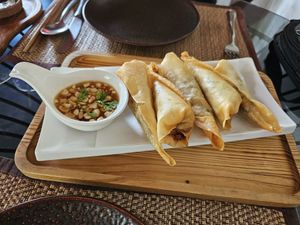 Deep fried vege spring rolls with peanut sauce at Reform Kafe in Chiang Mai