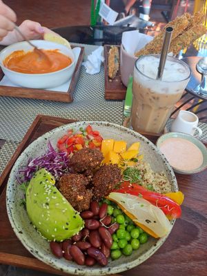Felafal salad, tomato soup and thai iced coffee at Reform Kafe in Chiang Mai