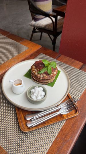 black sesame pancakes with strawberry jam  at Reform Kafe in Chiang Mai