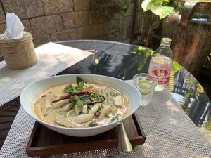 Mushroom dumplings in tom yum soup  at Reform Kafe in Chiang Mai