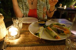 Raw rice paper rolls with tamrind sauce  at Reform Kafe in Chiang Mai