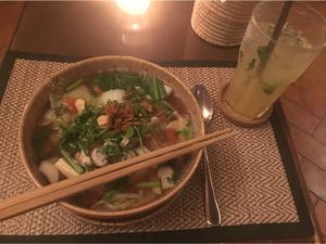 Noodle soup with vegetables and a lime soda  at Reform Kafe in Chiang Mai