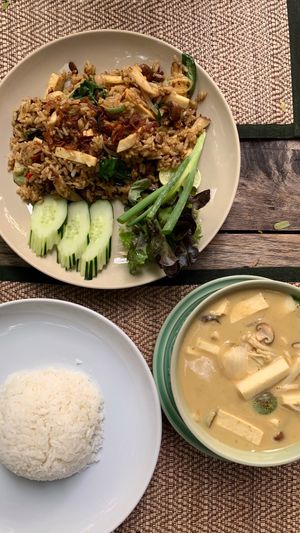 Curry soup with rice & fried curry  at Reform Kafe in Chiang Mai