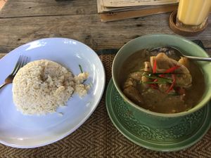 Green curry and brown rice at Reform Kafe in Chiang Mai