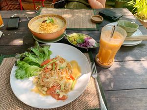 Khao soi, papaya salad, Thai tea at Reform Kafe in Chiang Mai