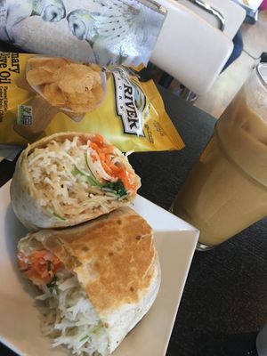 Tofu bahn-mi-rito special & iced latte at The Local Moose Cafe in Manchester