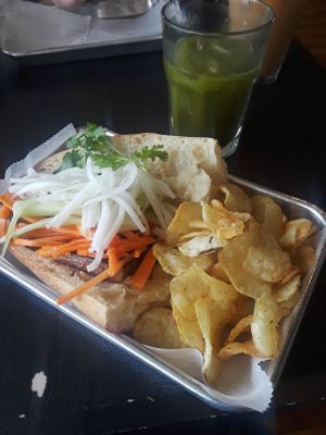 Tofu Bahn Mi with Matcha Lemonade. The pickled vegetables on the Bahn Mi are SO GOOD. at The Local Moose Cafe in Manchester