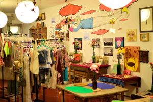 Inside, tables where to eat plus handcraft shop at Corazon Verde in Trujillo