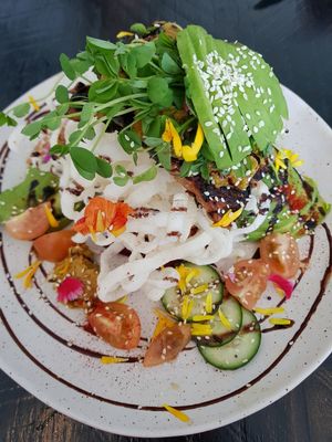 Tempeh & rainbow salad with crispy rice noodles  at Sozo Cafe in Tweed Heads South