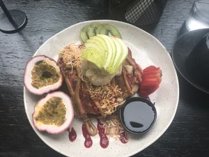 Vegan pancakes- yum!!!! amazing!  at Sozo Cafe in Tweed Heads South