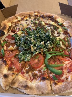 Half angorio and half bbq with kale salad on top  at Piante Pizzeria in Breckenridge