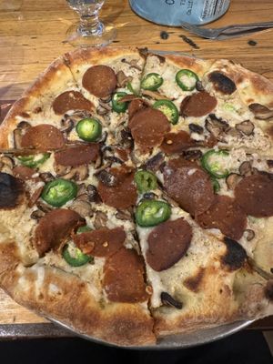 Mr. White pizza with seitan pepperoni and jalapeños   at Piante Pizzeria in Breckenridge