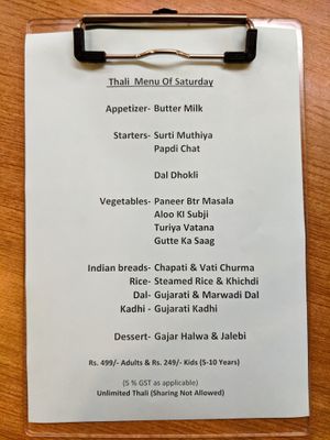 The menu for the thali of the day at The Class Thali on the evening I went there at The Class Thali in Mumbai