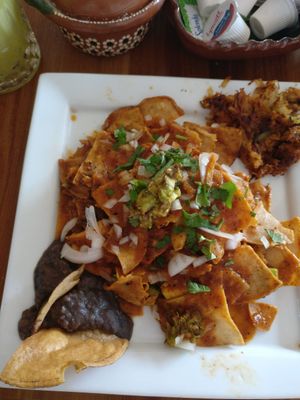 Vegan chilaquiles en salsa roja at Amparos in Cozumel