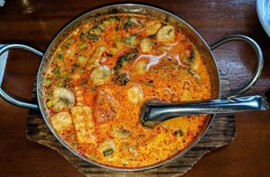 Tom Kha with just mushrooms, tomatoes, broccoli & fried tofu at KaTi in Portland