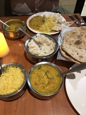 Yellow dal, saffron rice, coconut rice, roti (all vegan per menu and confirmed with staff)  at Ambrosia India Bistro in Scotts Valley