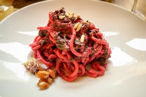 beetroot pici at Giardino Tergesteo in Trieste