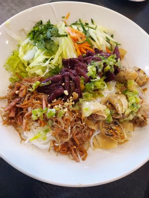 Vermicelli bowl with mock meat, pork floss, spring roll. Pork floss might have ham (contains eggs) mixed in.  at Dai Bi Chay in Mississauga