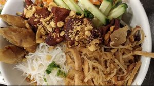 Mock beef, spring rolls and mock pork floss vermicelli bun at Dai Bi Chay in Mississauga