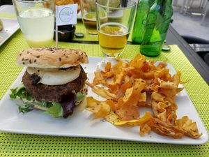 Bean/mushroom burger with sweet potato chips and mayo at Vegana Burgers - Cais do Sodre in Lisbon