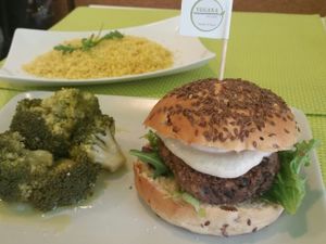 mushroom burger with dose of broccoli and couscous at Vegana Burgers - Cais do Sodre in Lisbon