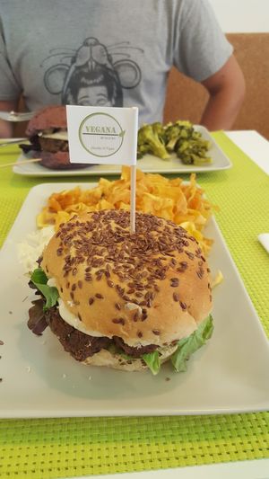 Mushroom & bean burger on fig bread at Vegana Burgers - Cais do Sodre in Lisbon