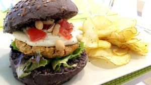 "Peanut Butter" burger with homemade crisps  at Vegana Burgers - Cais do Sodre in Lisbon