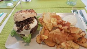 mushroom burger with 'fries' at Vegana Burgers - Cais do Sodre in Lisbon