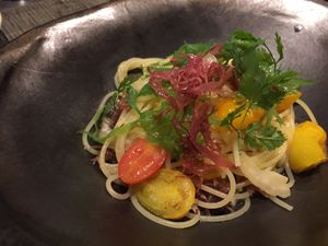 Pasta with cherry tomatoes and seaweed  at Vegetus in Kamakura