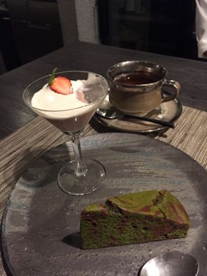 Desserts - carob matcha cake and strawberry bavarois w amazake (starting point of sake) at Vegetus in Kamakura