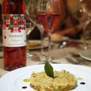 Vegetable orzoto with asparagus, diced
carrots, fennel and sage dressed with
herbs oil at O'Vrakas Taverna in Limassol