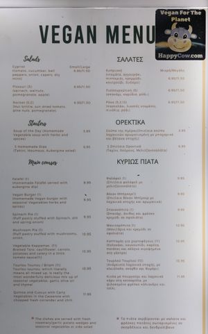 regular vegan section of menu at O'Vrakas Taverna in Limassol