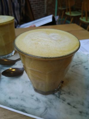 Golden almond latte with turmeric and ginger cardamom syrup at O'YO - Brabantdam in Ghent
