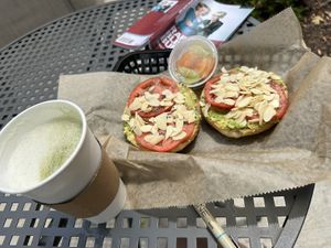 Avocado bagel & matcha latte  at Cafe Sol in Grand Junction