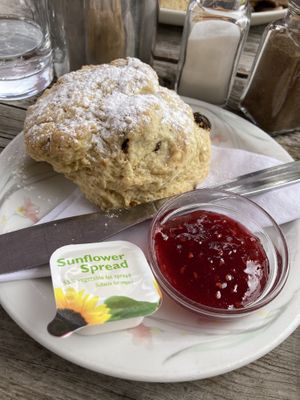 Vegan scone with homemade raspberry jam and spread  at Goathland Tea Room & Gifts in Whitby