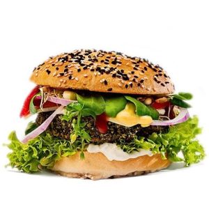 Czeko-Brko 

A burger made from Czech grown herbs with with sojanaise, lollo lettuce, bell pepper, cucumber, tomatoes, red onion, vegan cheese, ketchup, caramelised onions, and mixed sprouts
....................................................................................................
The name is a pun on the 4 herbs used, the acronym of which makes “brko”, which in Czech is either a straw or a joint! The herbs are in Czech, ČEsnáček lékařský, KOpřiva dvoudomá, BRšlice kozí noha, KOstival lékařský, and in English garlic mustard, nettle, Bishop’s weed (Aegopodium podagraria), and comfrey (Symphytum officinale)
 at Chutnej in Vinohrady